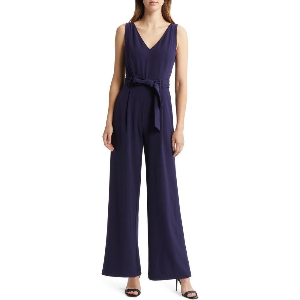 Tahari ASL Navy Blue Tie Waist Sleeveless Crepe V-Neck Pants Jumpsuit 10 NWT